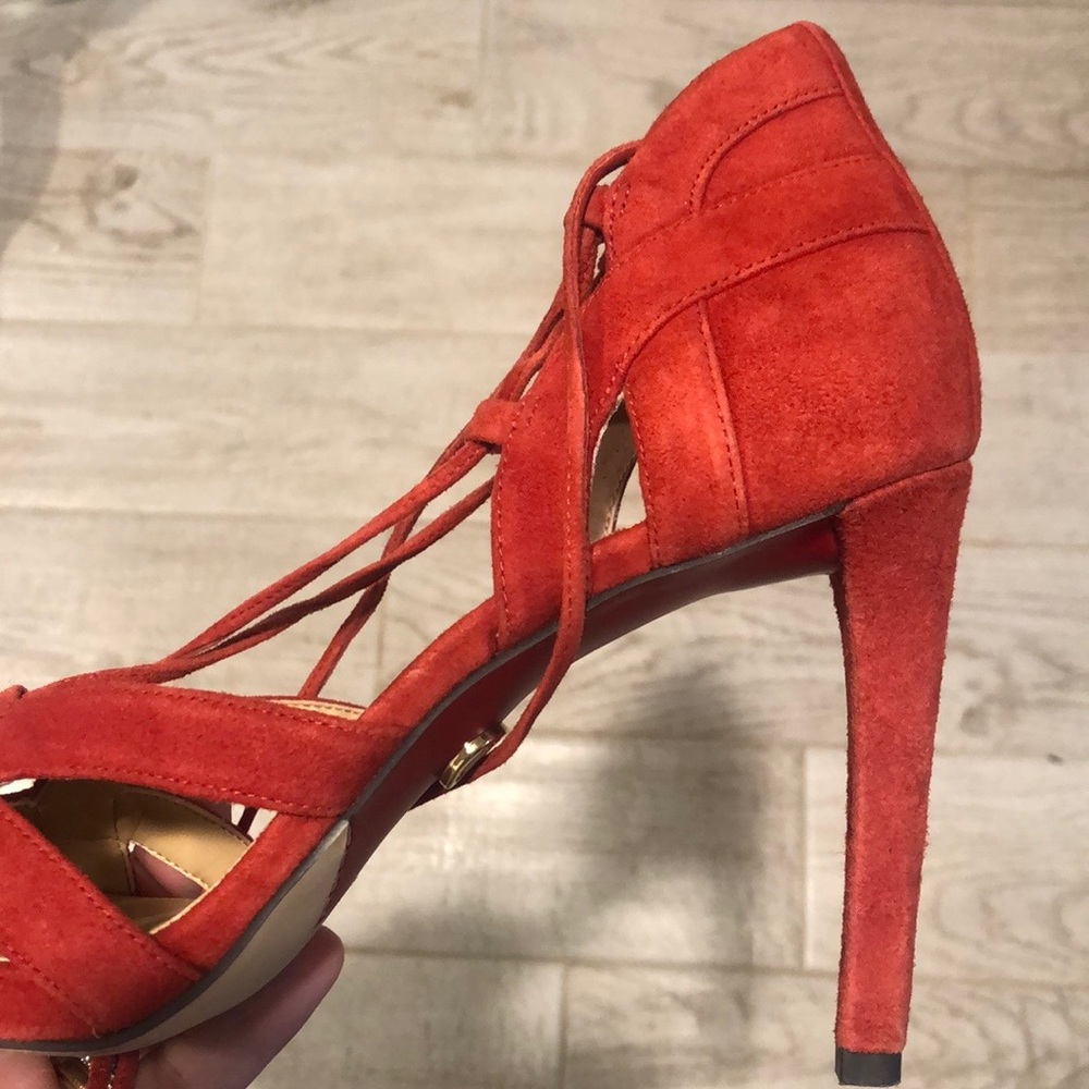Michael Kors Red Mirabel Suede Strappy Sandal Stiletto Heel Straps w/ Tassels - Picture 4 of 8